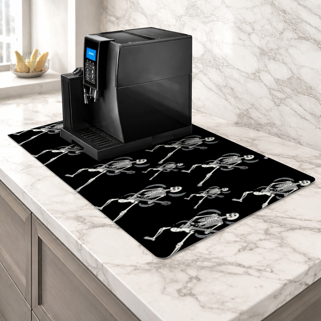 Rock Guitar Playing Skeleton Pattern on Black Coffee Machine Base Mat