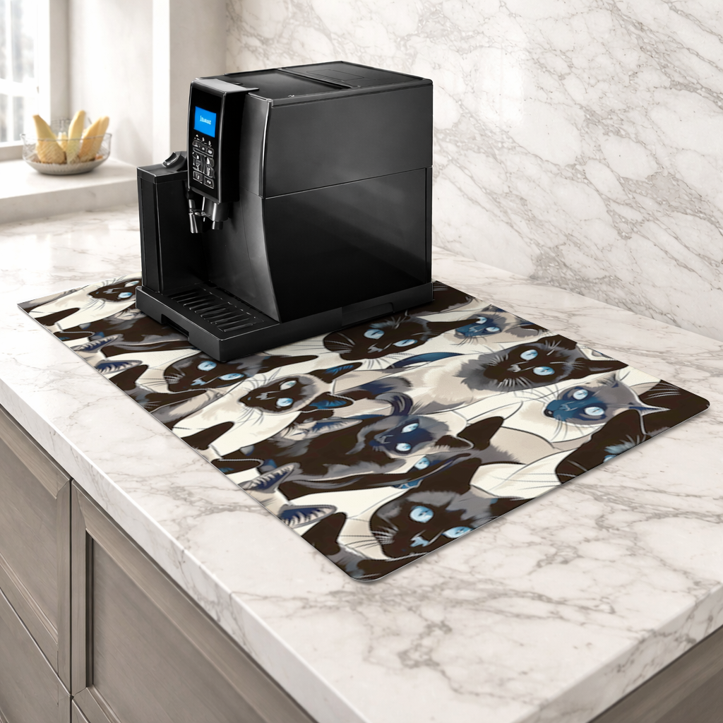 Blue Eyed Siamese Cat Elegant Illustration Pattern Coffee Machine Base Mat