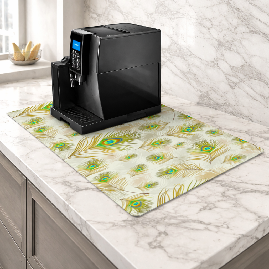 Elegant Peacock Feathers and Exotic Nature Seamless Pattern Coffee Machine Base Mat