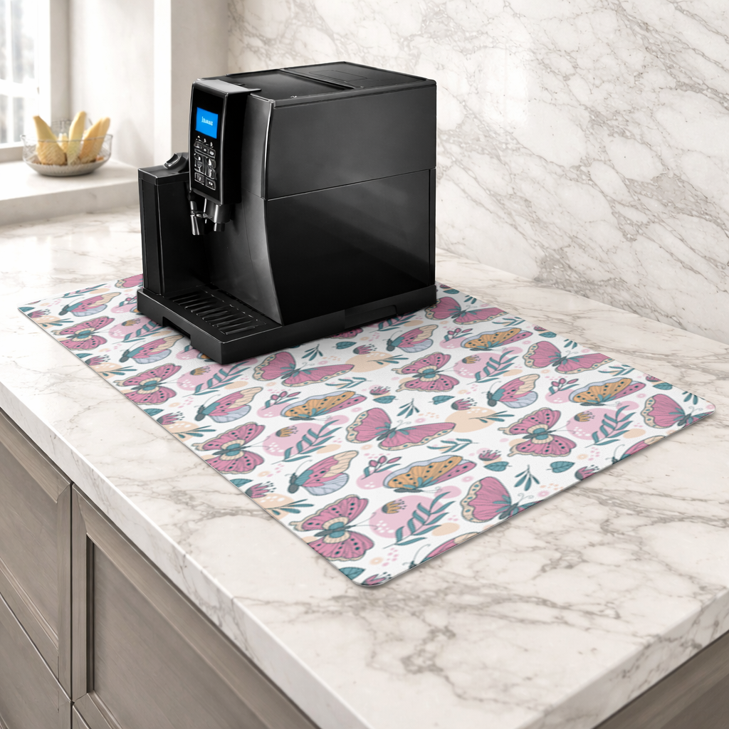 Pastel Butterflies and Botanical Leaves Seamless Pattern Coffee Machine Base Mat