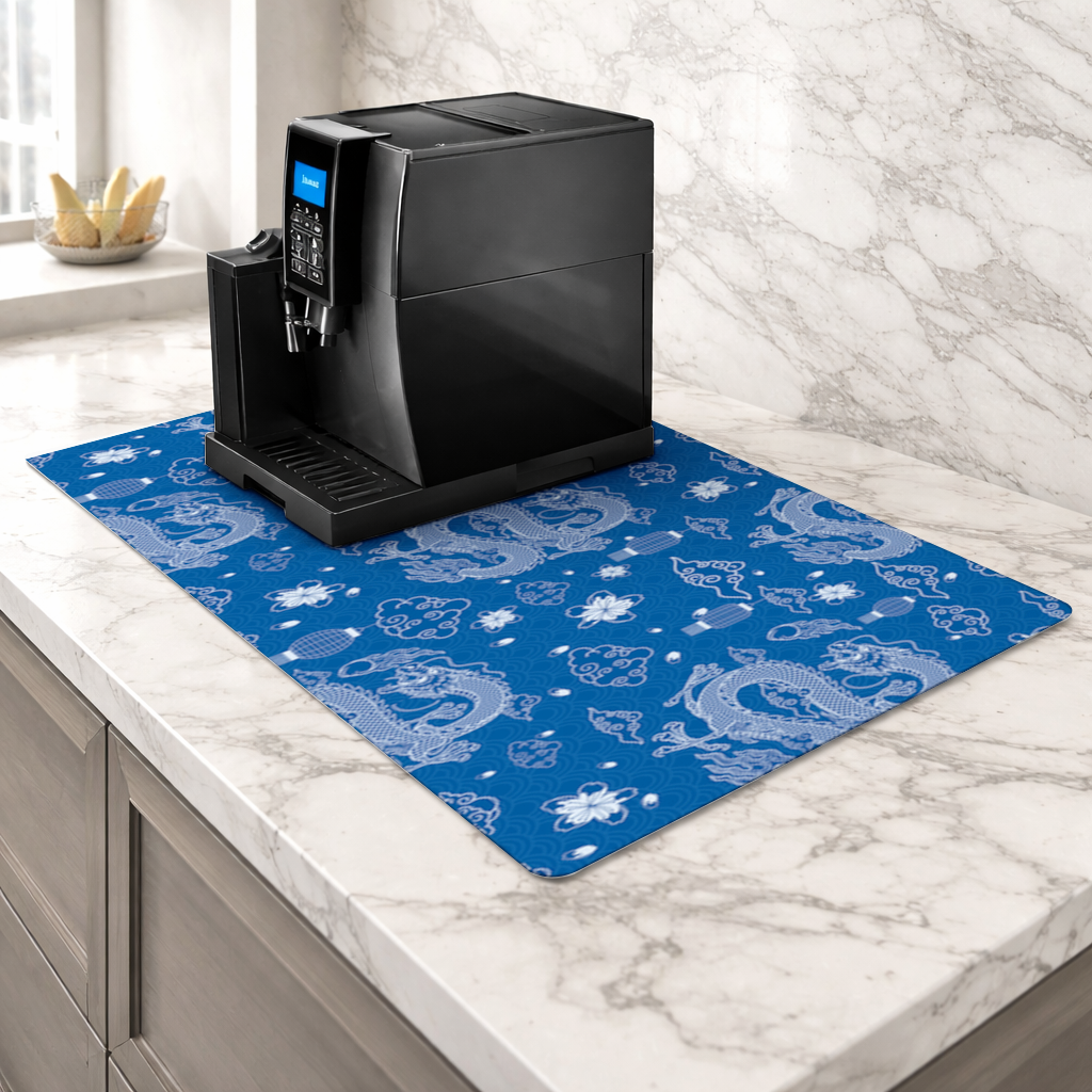Traditional Dragon Pattern on Blue Background Coffee Machine Base Mat