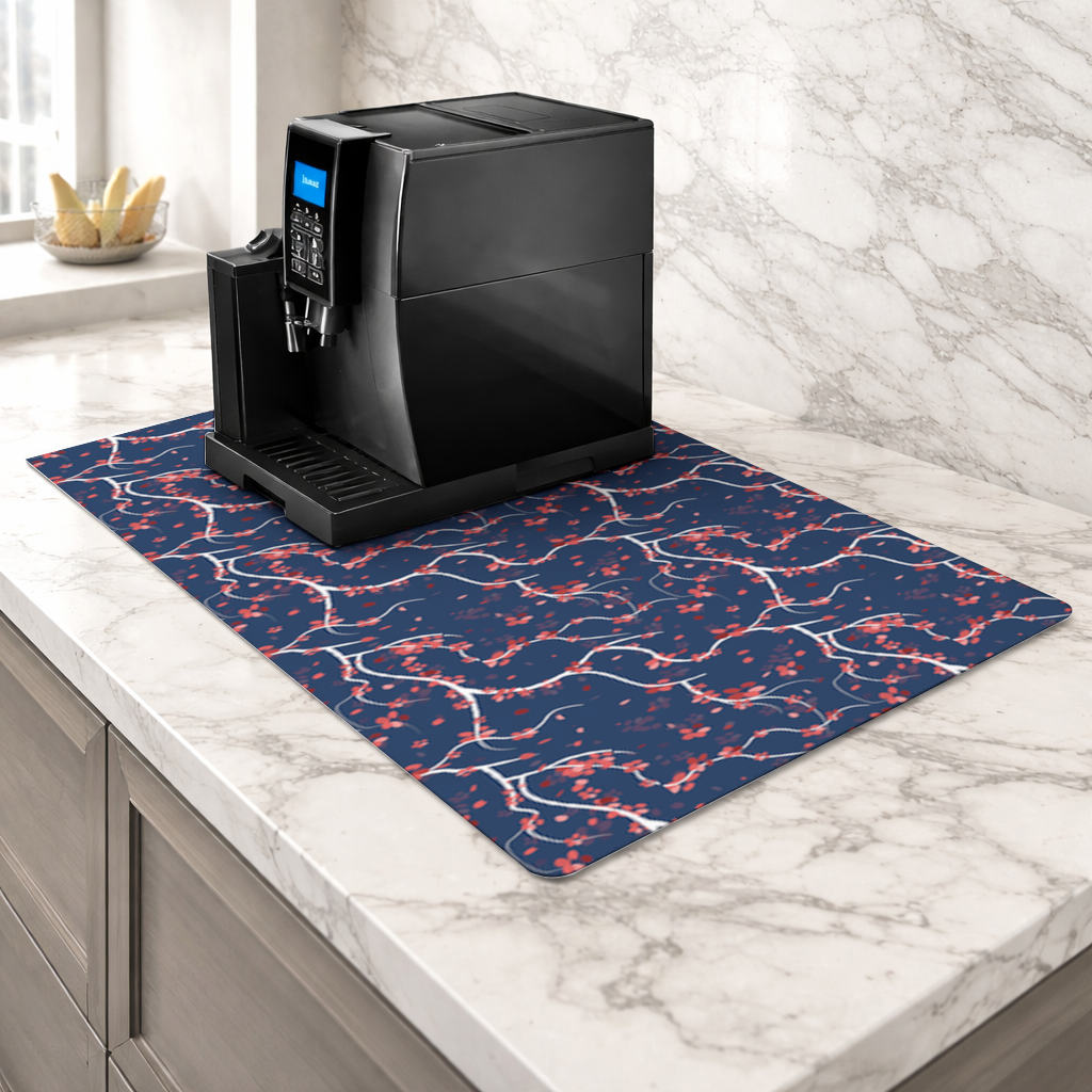 Red Floral Branch Pattern on Navy Background Coffee Machine Base Mat