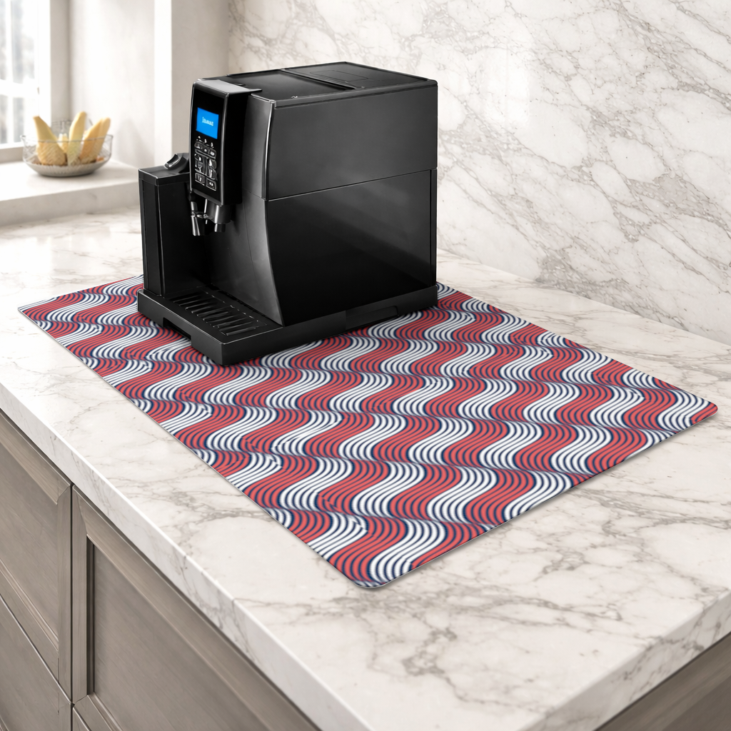 Red and Navy Wavy Line Pattern Coffee Machine Base Mat