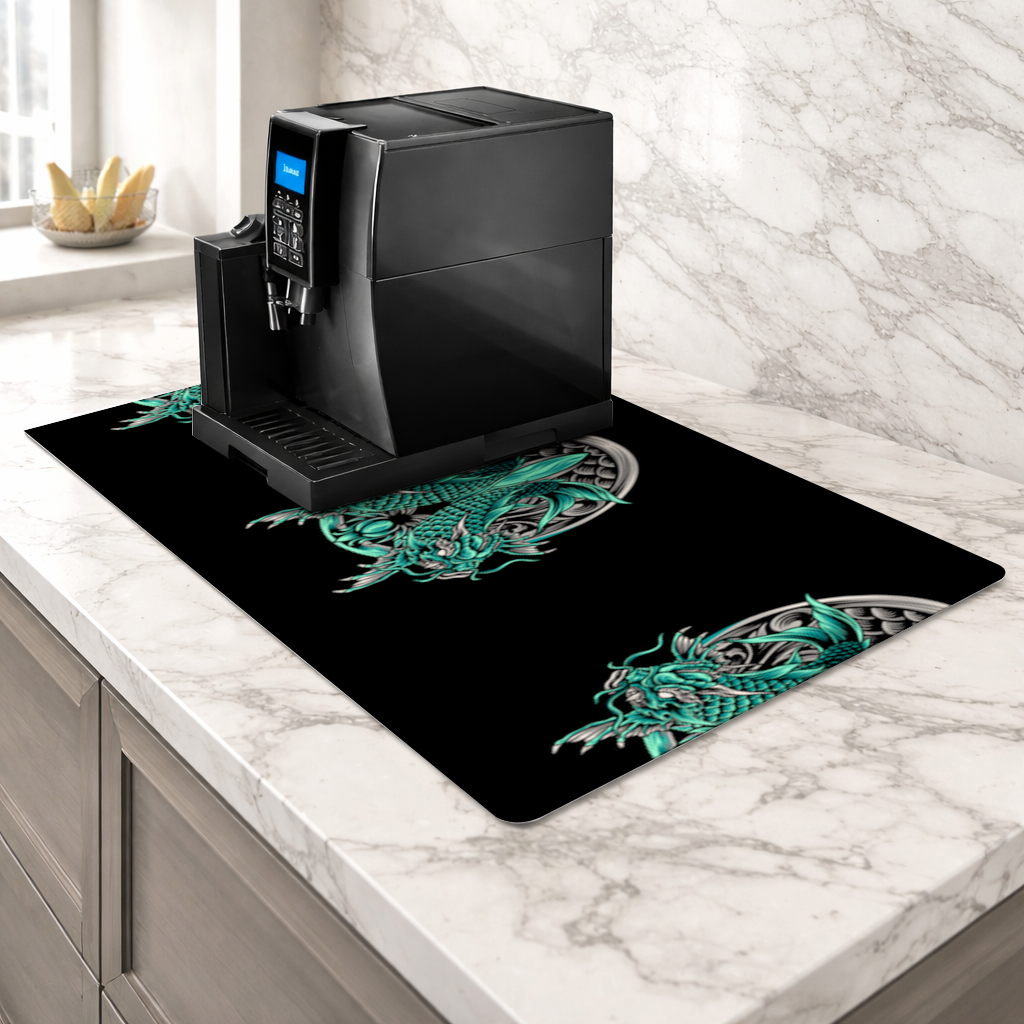 Turquoise Twin Dragon Emblem Design Coffee Machine Base Mat