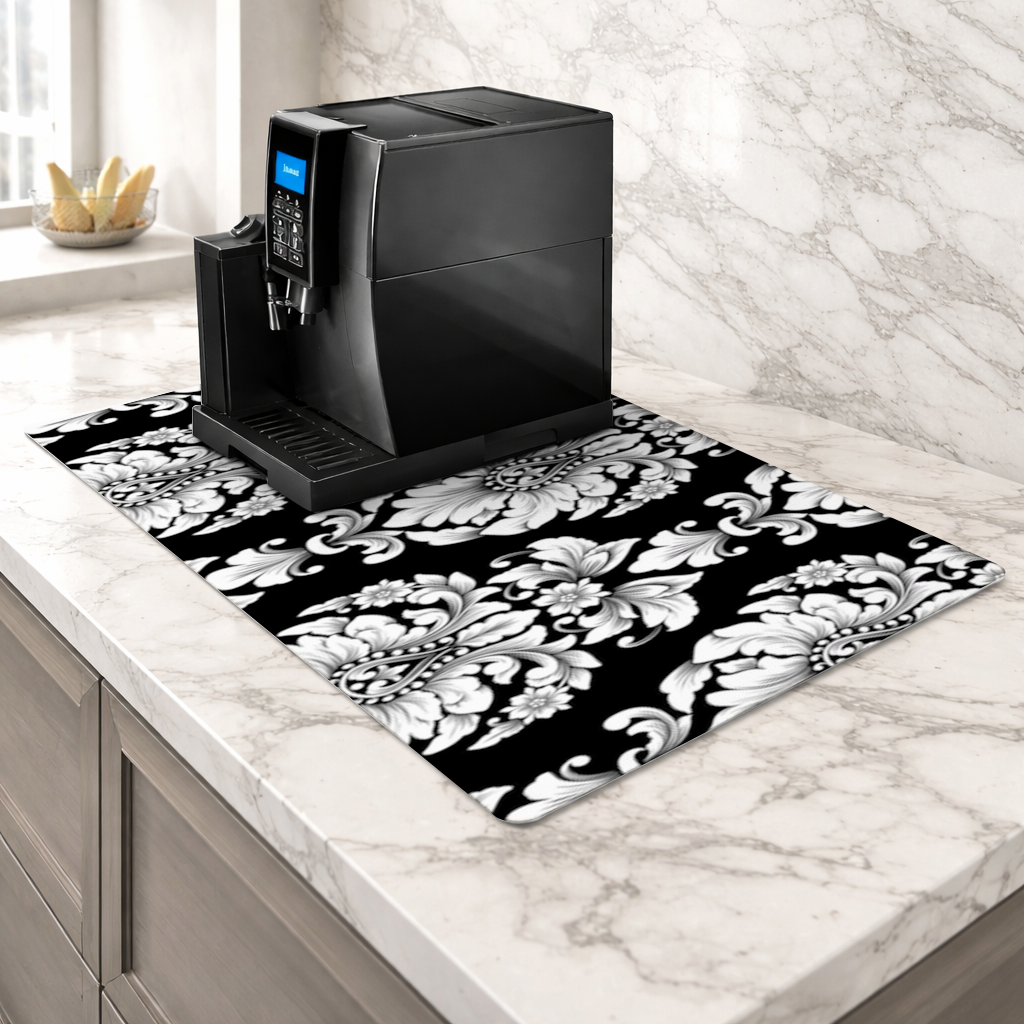 Black and White Baroque Floral Pattern Coffee Machine Base Mat