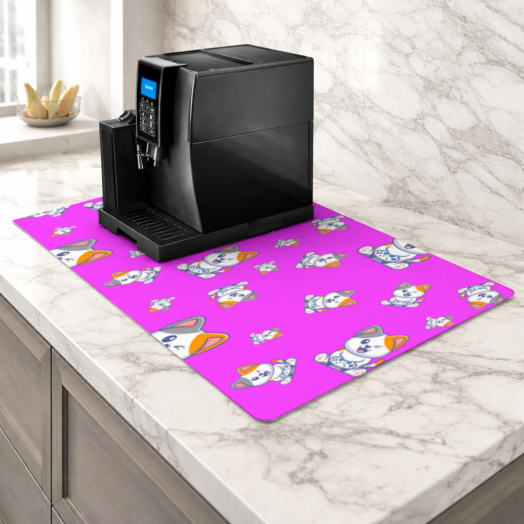 Cute Cartoon Cat Pattern on Pink Background Coffee Machine Base Mat