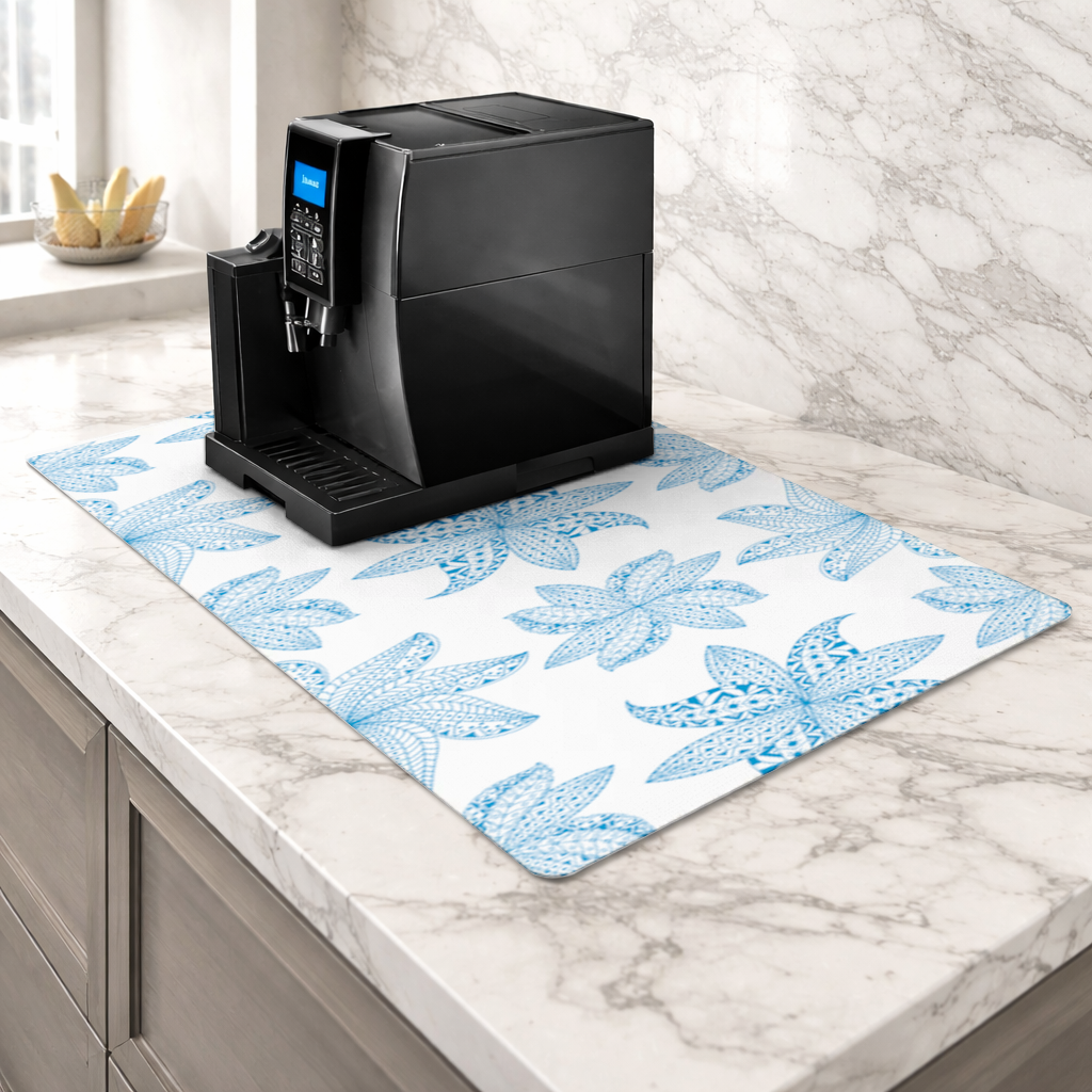 Blue Mandala Floral and Leaf Zentangle Pattern Coffee Machine Base Mat