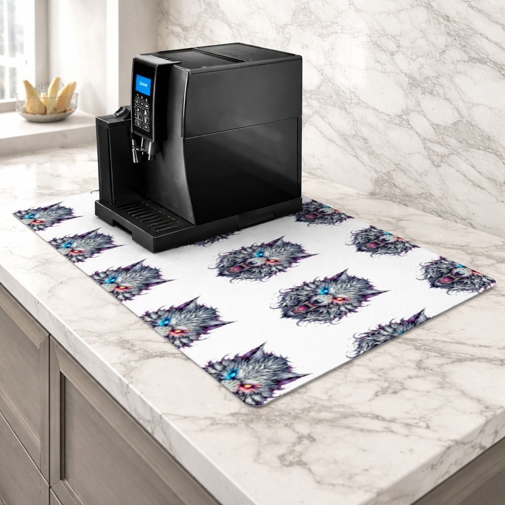 Fierce Wolf Head Illustration Heterochromia Eyes, Savage Wolf Coffee Machine Base Mat