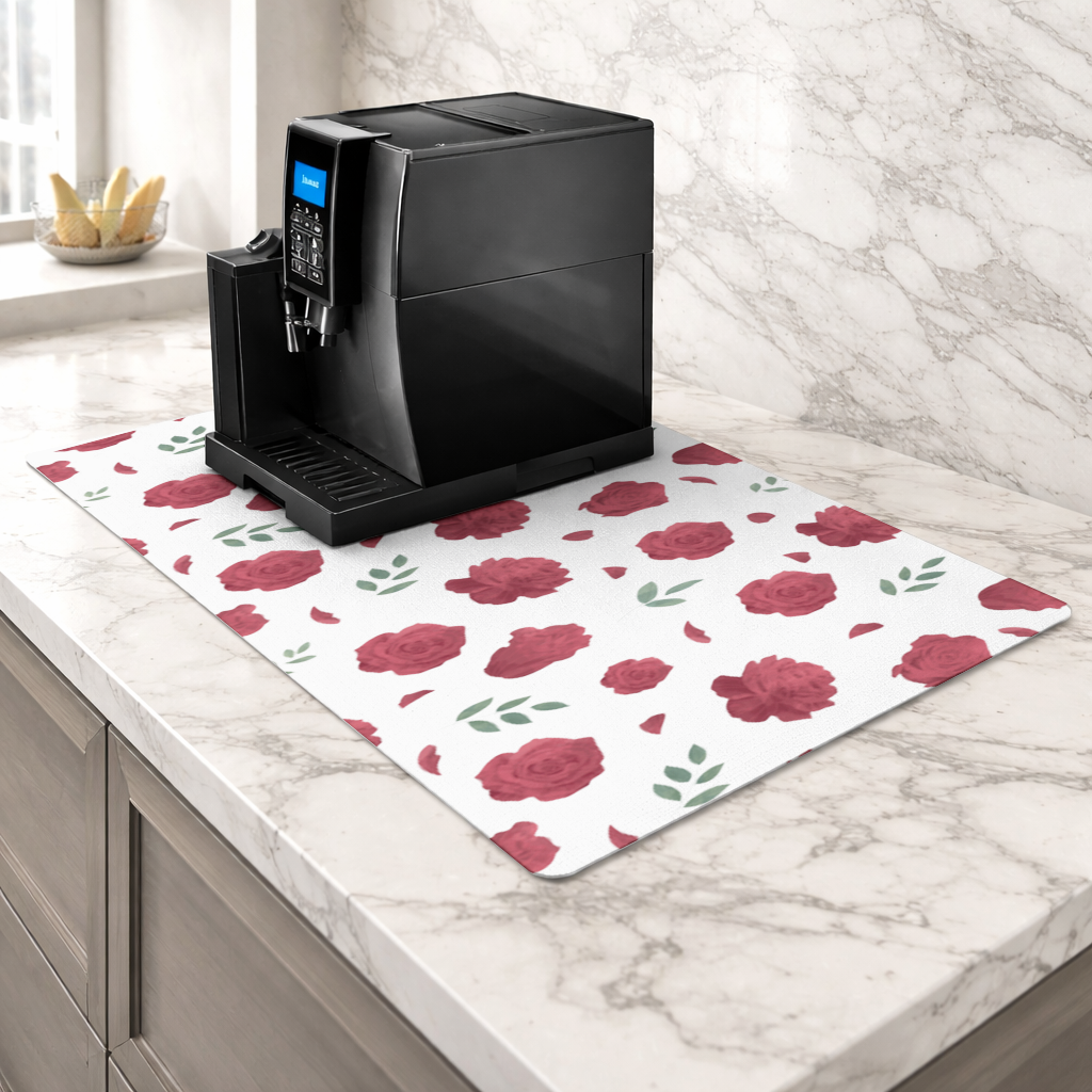 Red Rose and Leaf Romantic Seamless Pattern Coffee Machine Base Mat