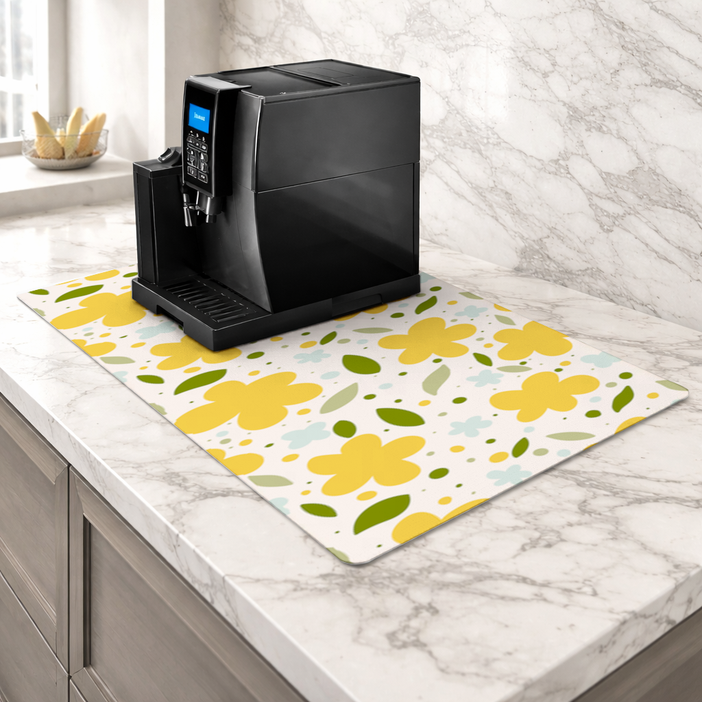 Yellow Floral and Leaf Boho Seamless Pattern Coffee Machine Base Mat
