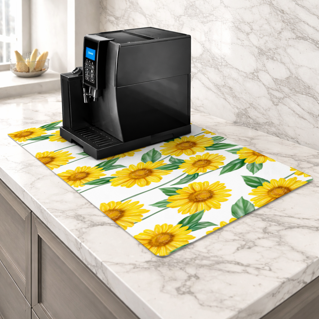 Vibrant Yellow Sunflower and Green Leaf Pattern Illustration Coffee Machine Base Mat