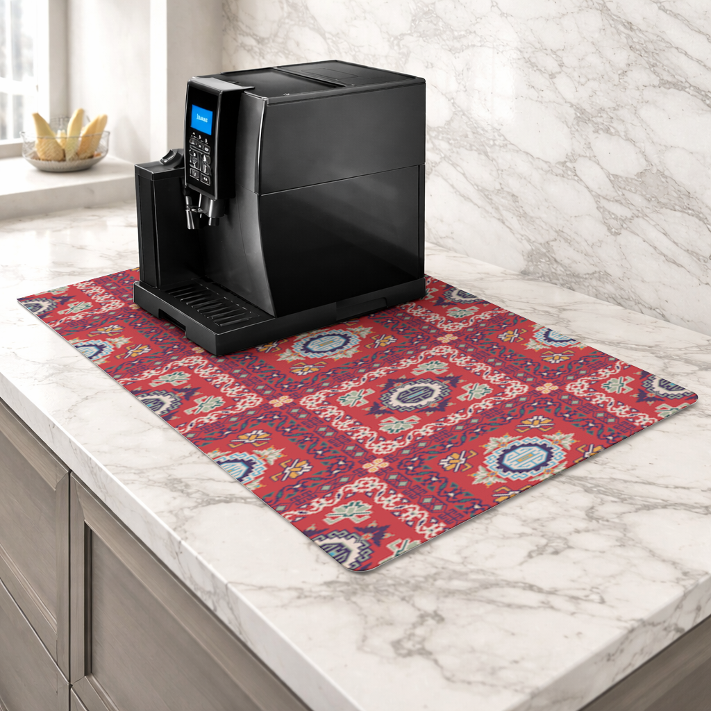 Traditional Kilim Inspired Red Ethnic Geometric Pattern Coffee Machine Base Mat