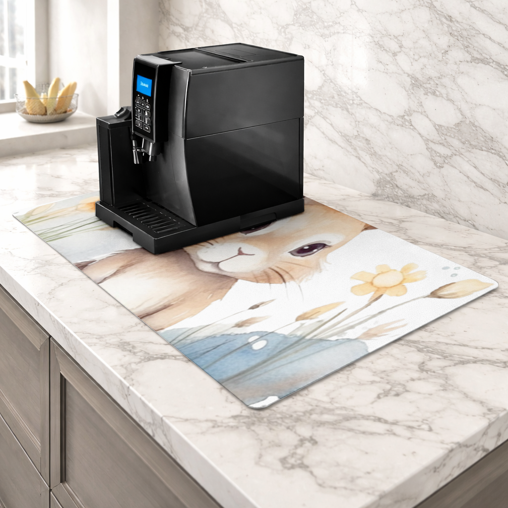 Sevimli Tavşan Suluboya İllüstrasyon Kahve Makinası Alt Matı