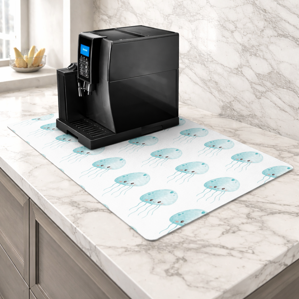 Cute Blue Jellyfish Character Coffee Machine Base Mat