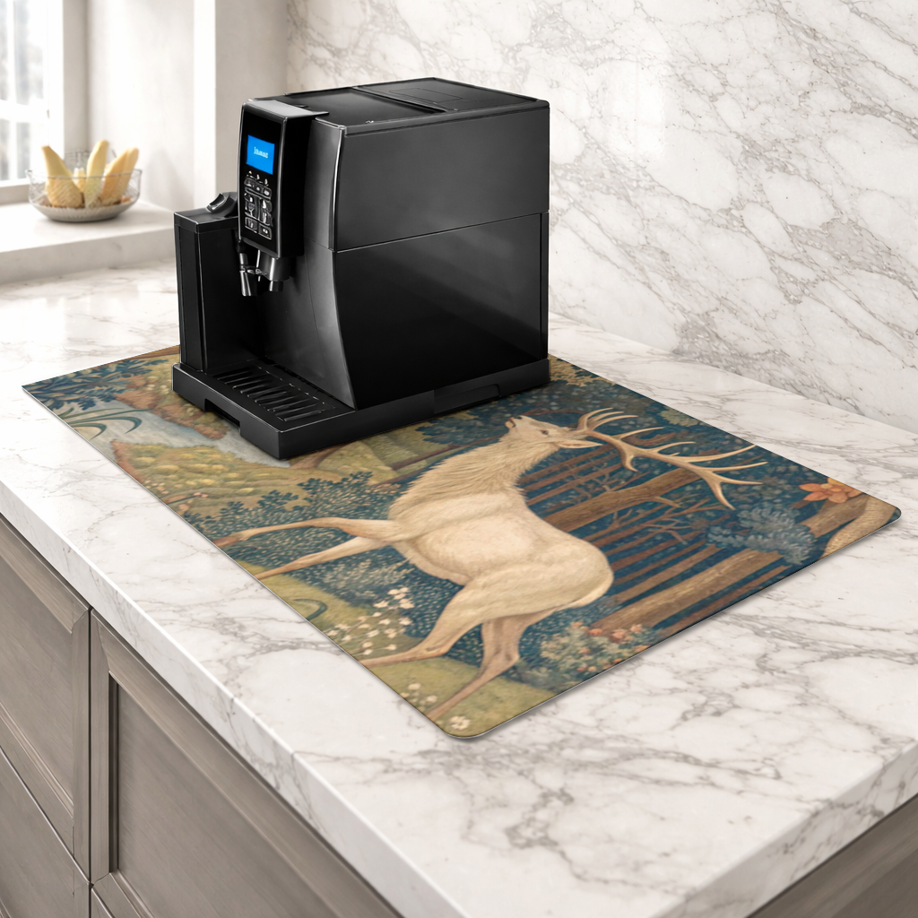 Noble Deer in Forest Landscape Classic Art Illustration Coffee Machine Base Mat