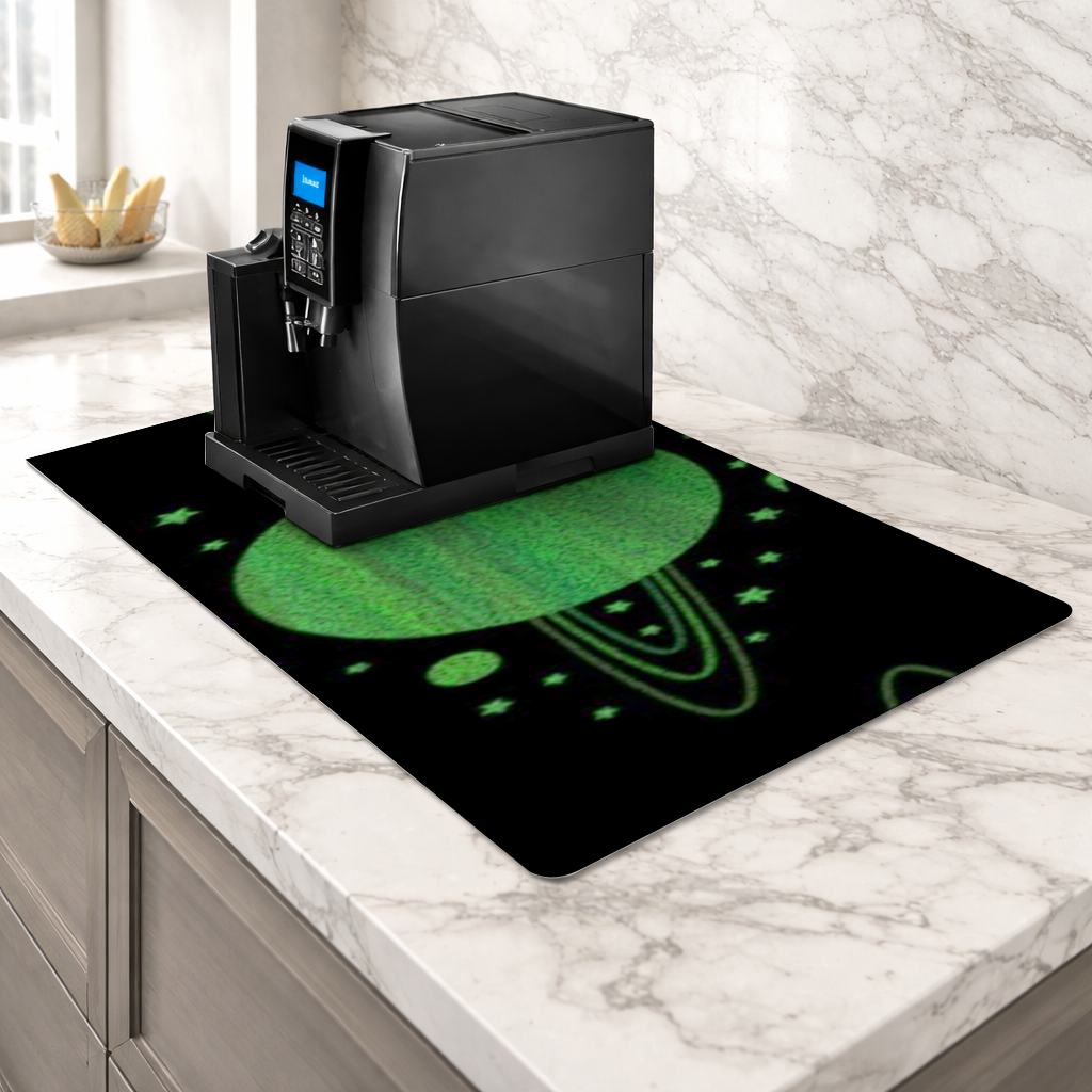 Green planets on a black background. Coffee Machine Base Mat