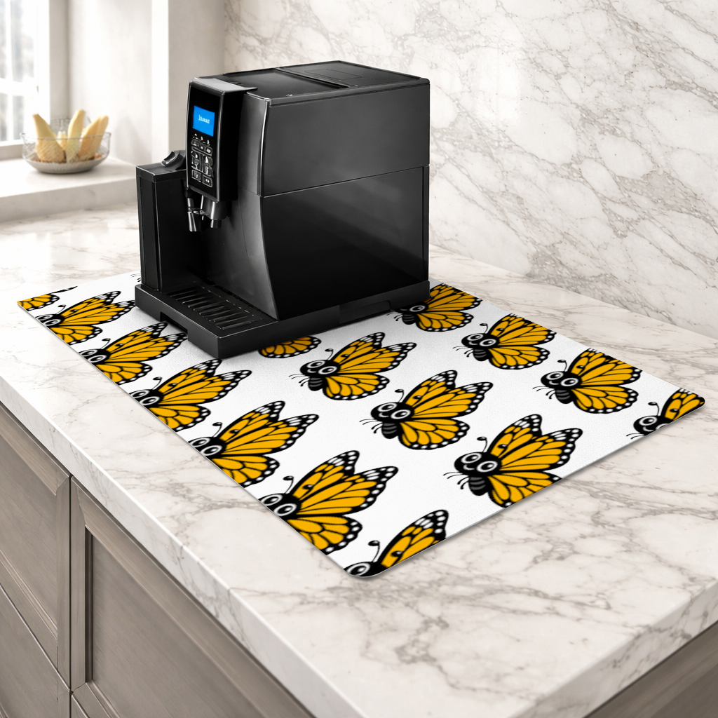 Smiling Orange Monarch Butterfly Character Coffee Machine Base Mat