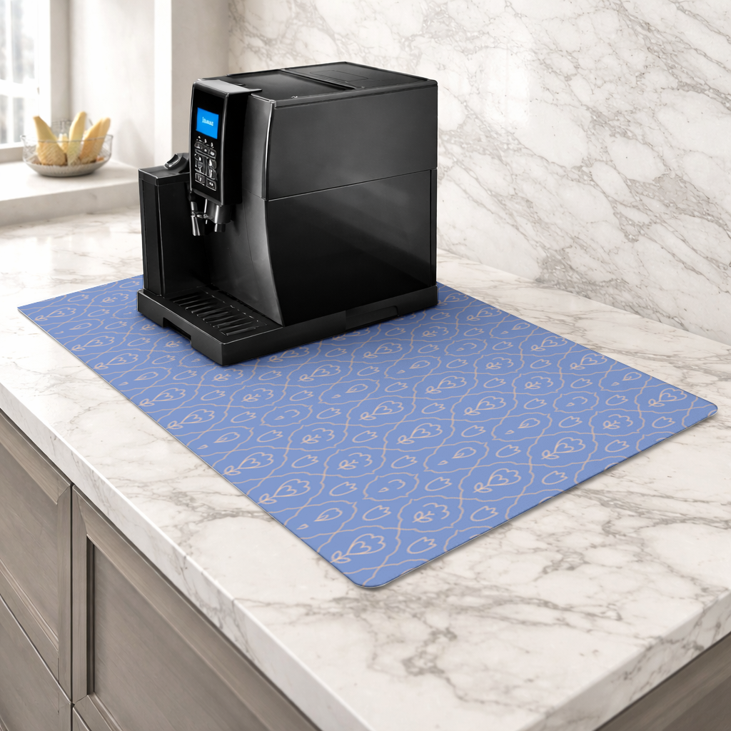 Orange Linear Floral Pattern on Blue Coffee Machine Base Mat