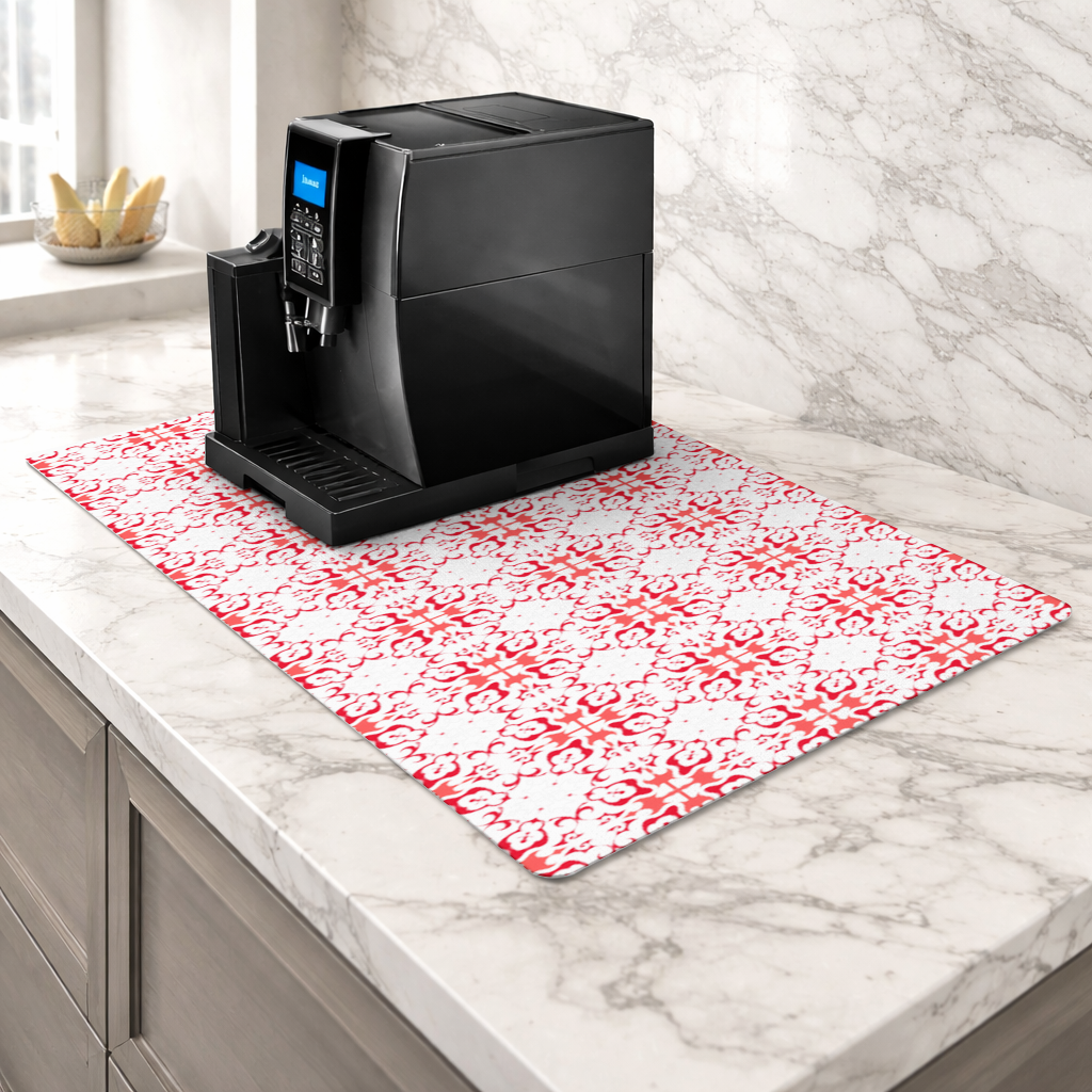 Red and White Traditional Tile Style Pattern Coffee Machine Base Mat