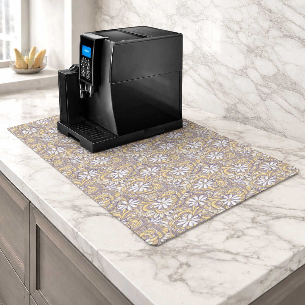 Retro Floral Doodle and Mandala Pattern Coffee Machine Base Mat