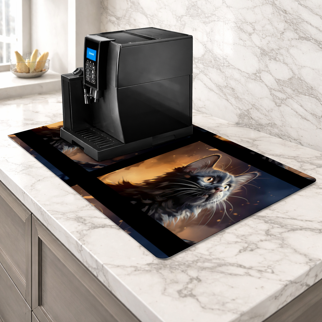 Black Cat Digital Art Coffee Machine Base Mat