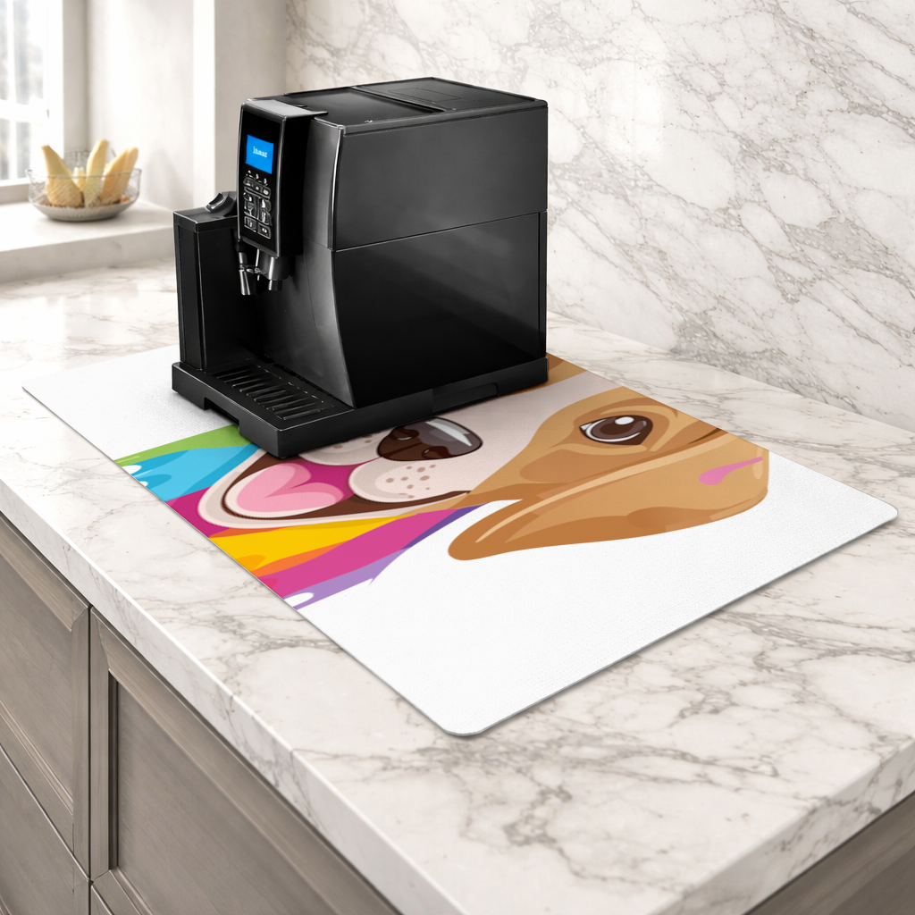 Happy Dog with Colorful Paint Drips Coffee Machine Base Mat
