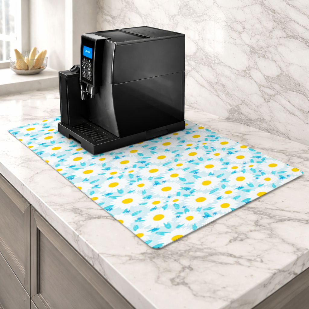 Daisy Garden and Turquoise Leaves Pattern Coffee Machine Base Mat