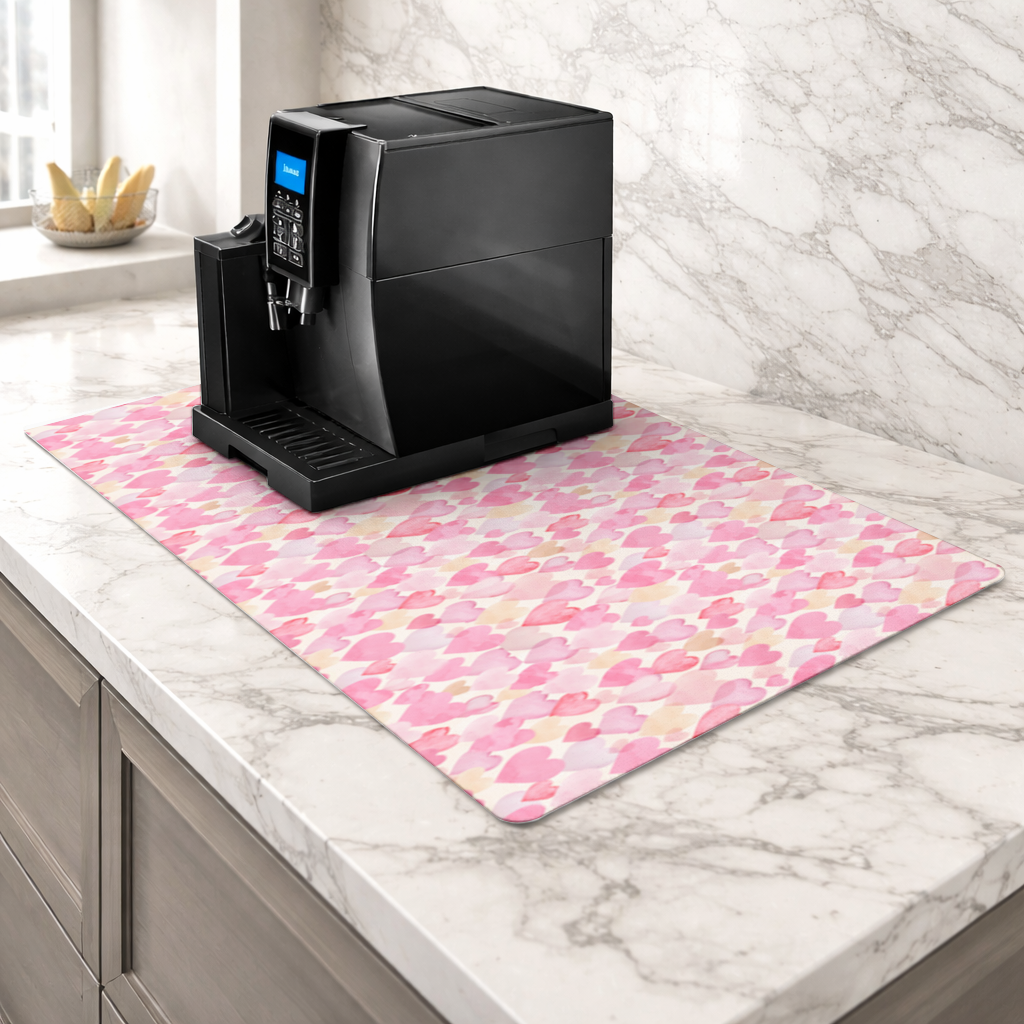 Watercolor Pink Hearts Coffee Machine Base Mat