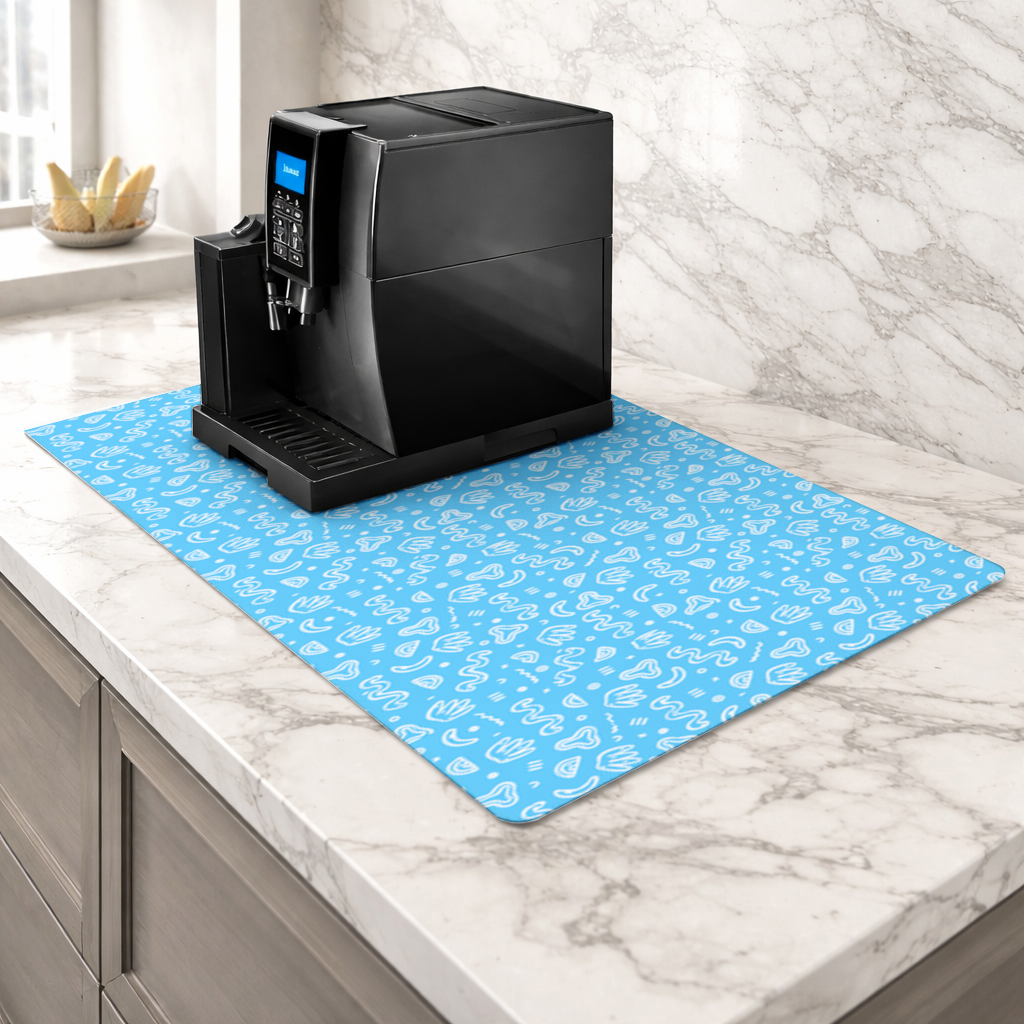 Blue Abstract Doodle Coffee Machine Base Mat