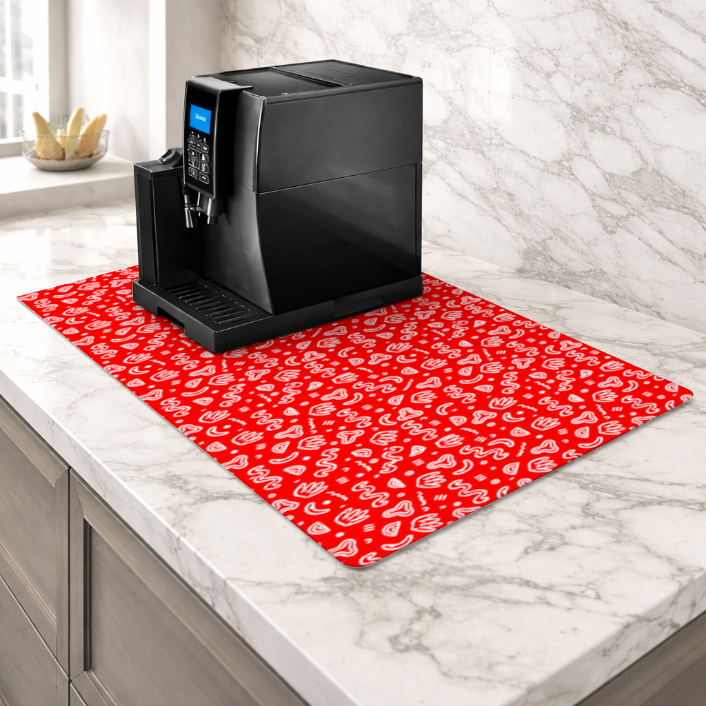 Red Abstract Doodle Coffee Machine Base Mat