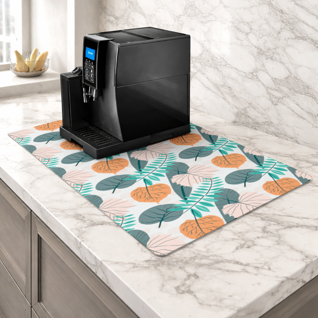 Modern Tropical Leaves Coffee Machine Base Mat