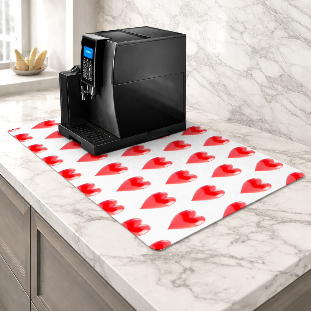 Glossy Red 3D Heart Coffee Machine Base Mat