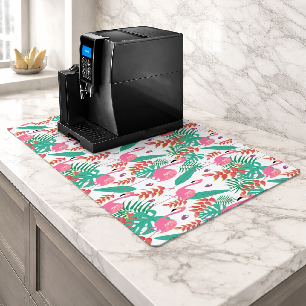 Pink Flamingo Tropical Leaves Coffee Machine Base Mat