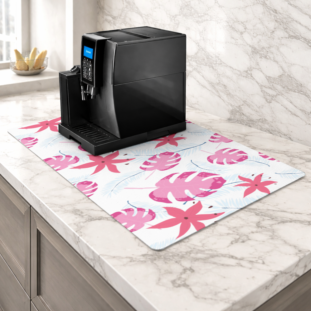 Pink Monstera and Tropical Lily Coffee Machine Base Mat
