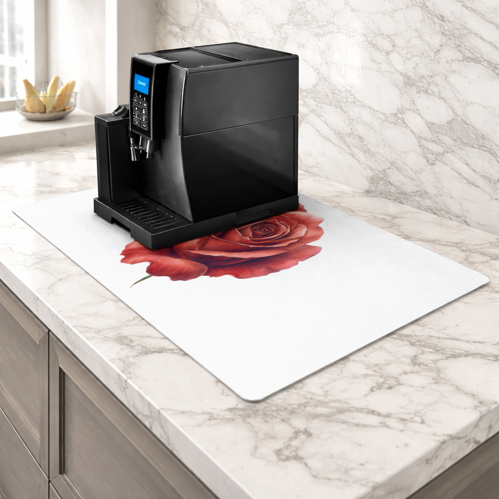 Crimson Red Rose Coffee Machine Base Mat