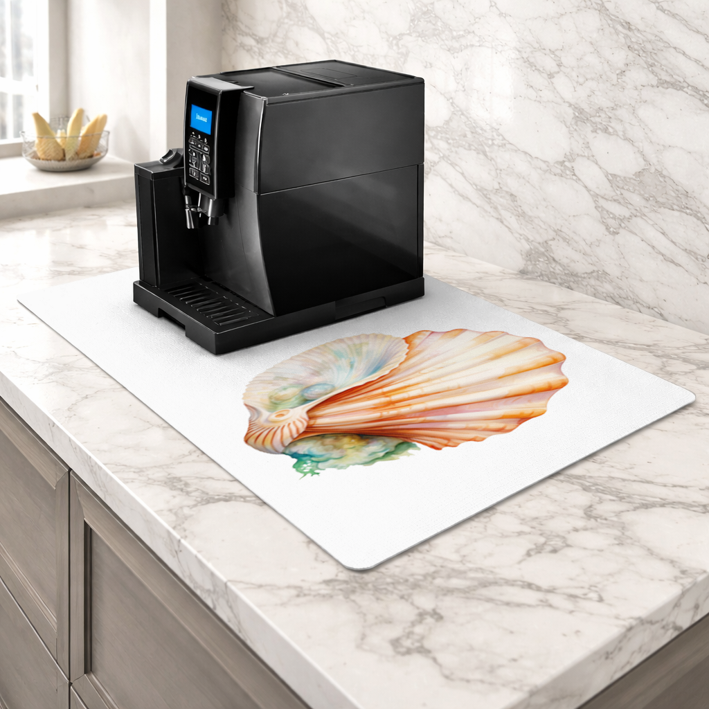 Iridescent Pearls in Orange Scallop Seashell Coffee Machine Base Mat