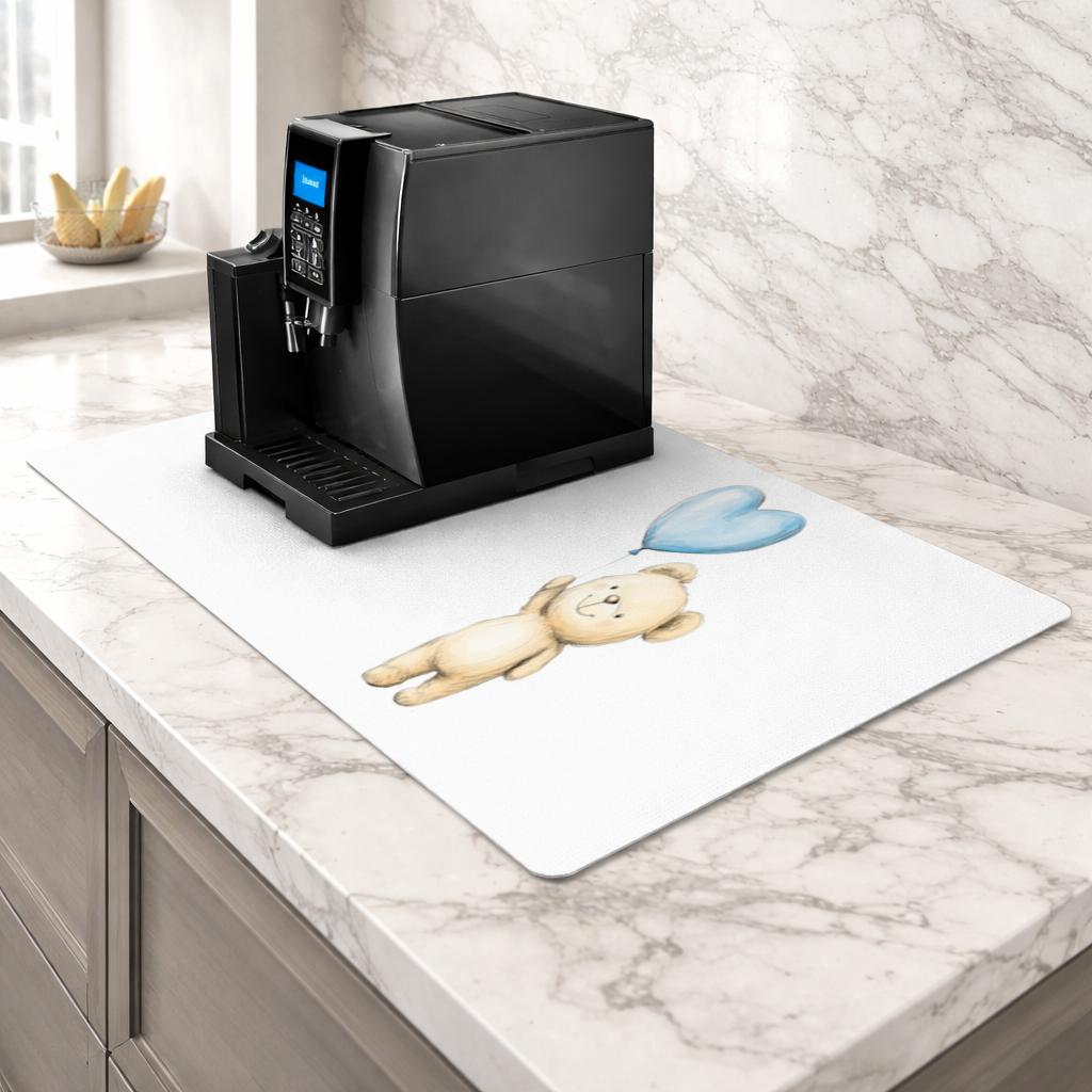 Cute Teddy Bear with Blue Heart Balloon Coffee Machine Base Mat