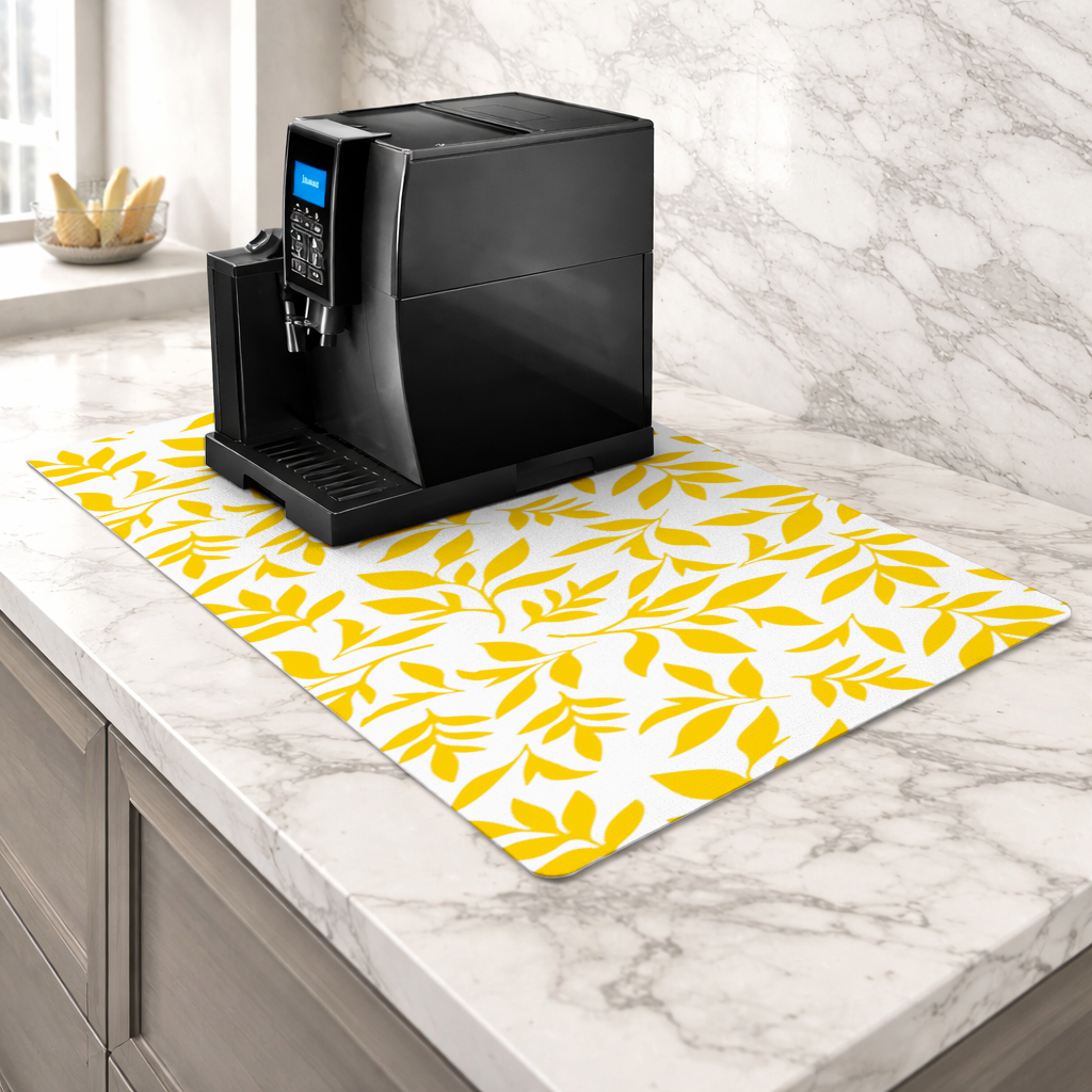 Mustard Yellow Botanical Leaves Coffee Machine Base Mat