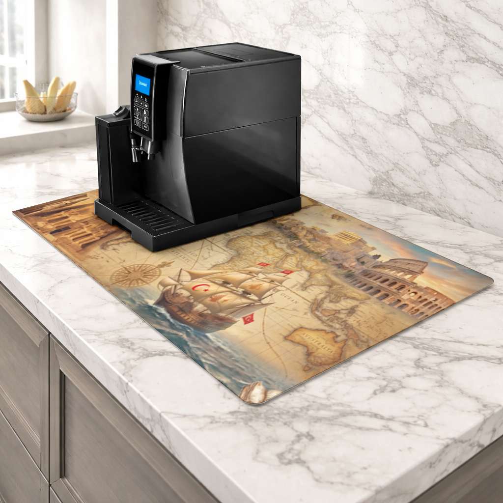 Retro World Map with Ancient Ruins Concept Coffee Machine Base Mat