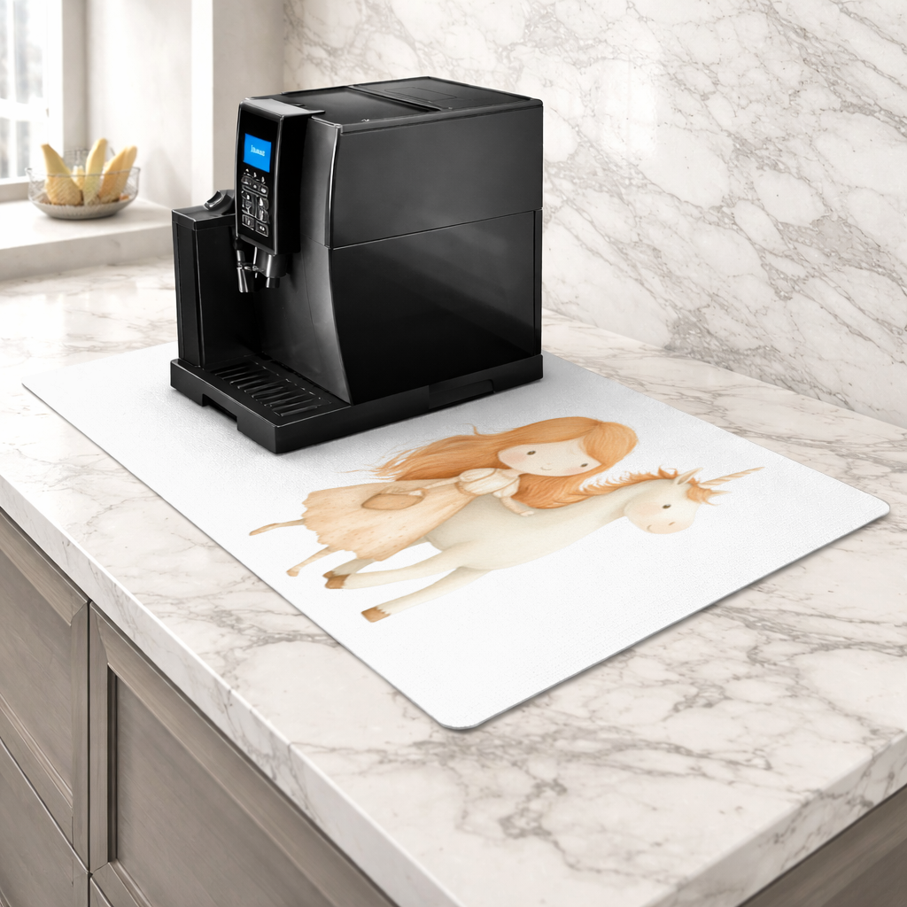 Ginger Girl with Whimsical White Unicorn Coffee Machine Base Mat