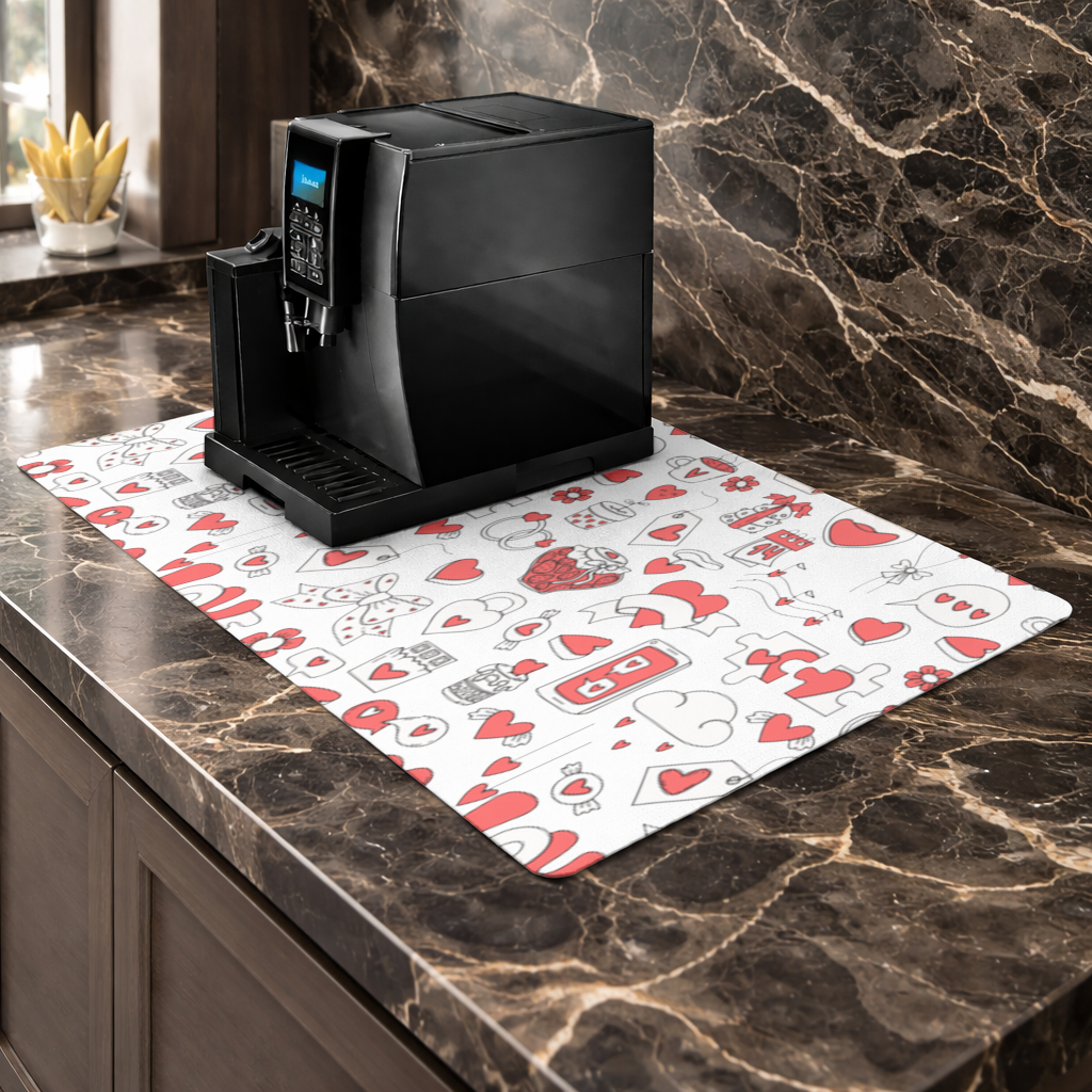 Valentines Day Doodle Love Heart Pattern Cute Design Coffee Machine Base Mat