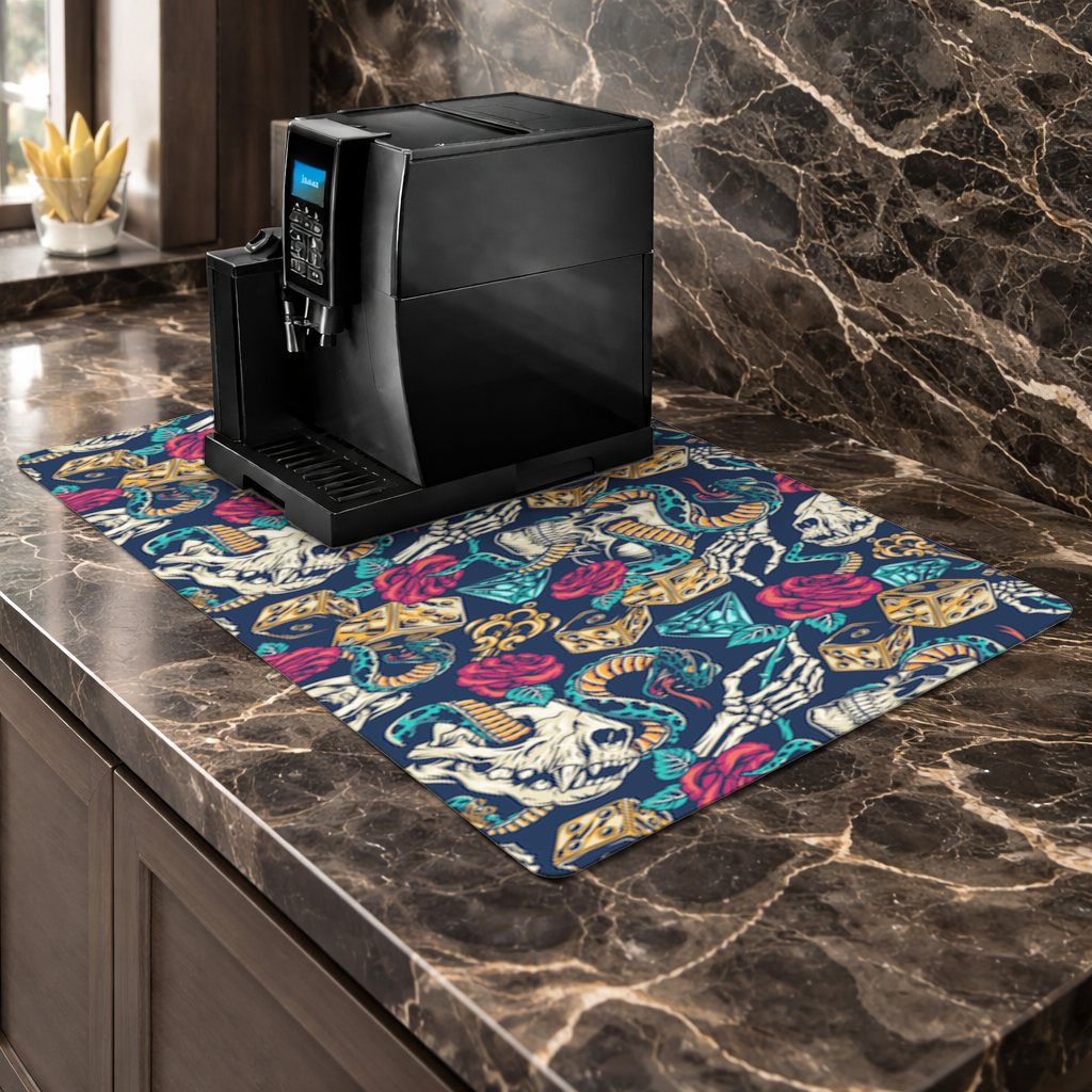 Skull Snake Dice and Roses Pattern Coffee Machine Base Mat