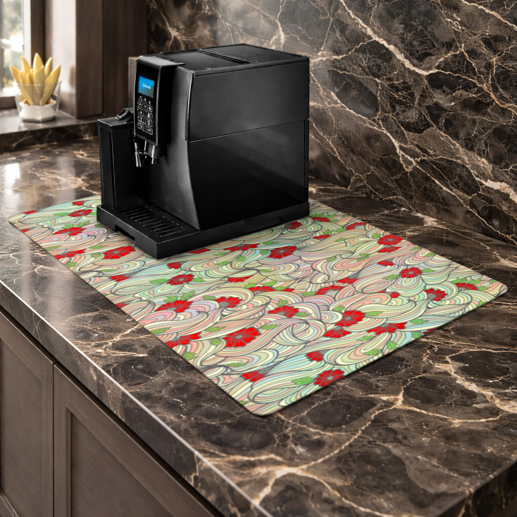 Floral Retro Wavy Pattern Coffee Machine Base Mat