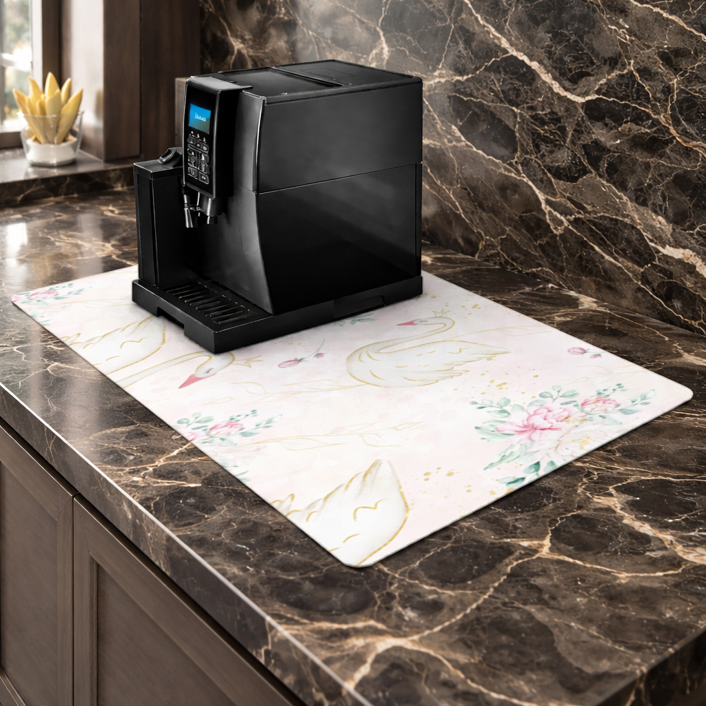 Pastel Watercolor Swan Floral Pattern Coffee Machine Base Mat
