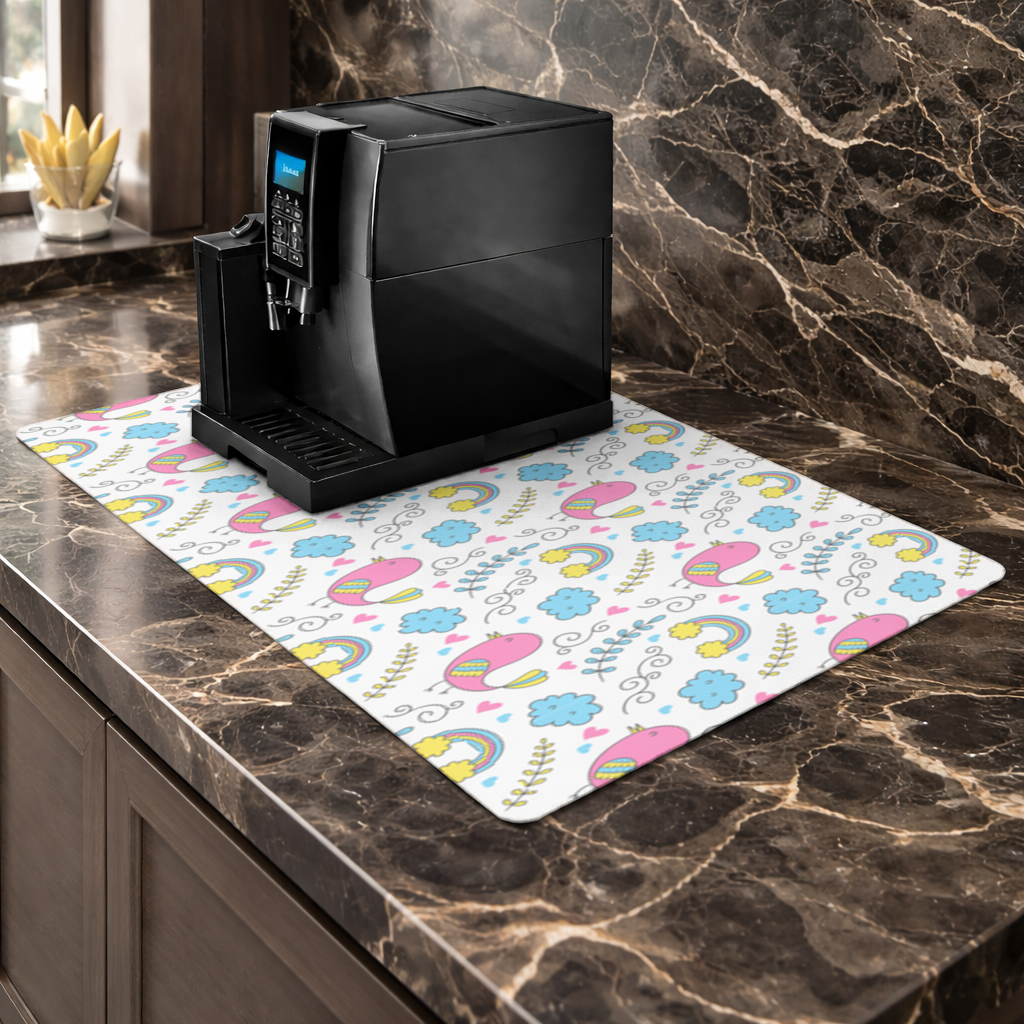 Cute Pink Bird and Rainbow Kids Pattern Coffee Machine Base Mat