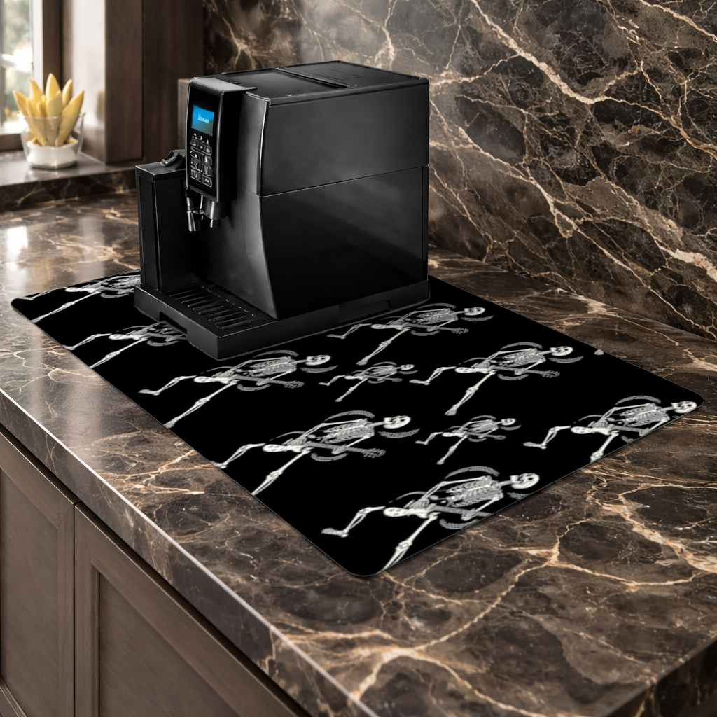 Rock Guitar Playing Skeleton Pattern on Black Coffee Machine Base Mat