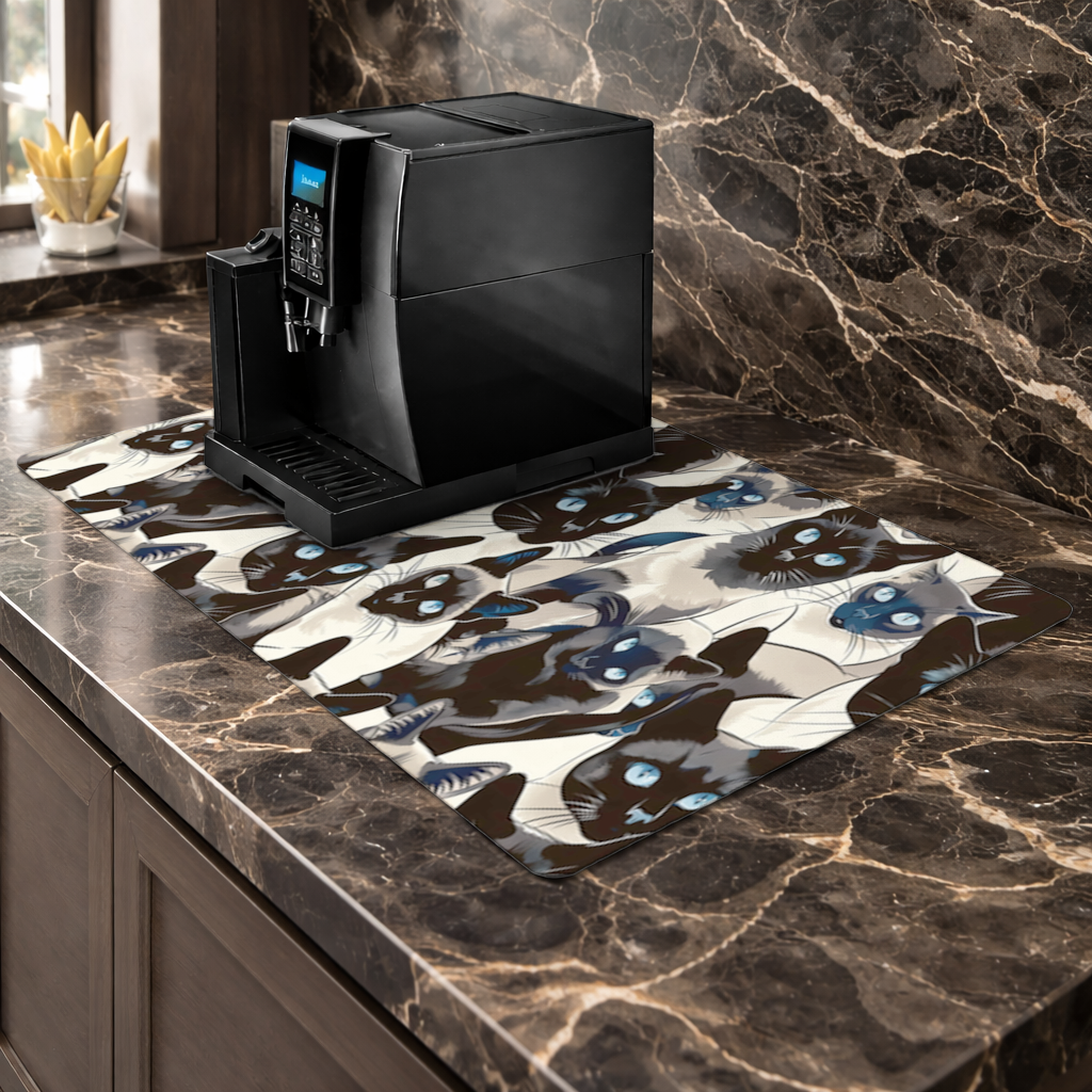 Blue Eyed Siamese Cat Elegant Illustration Pattern Coffee Machine Base Mat