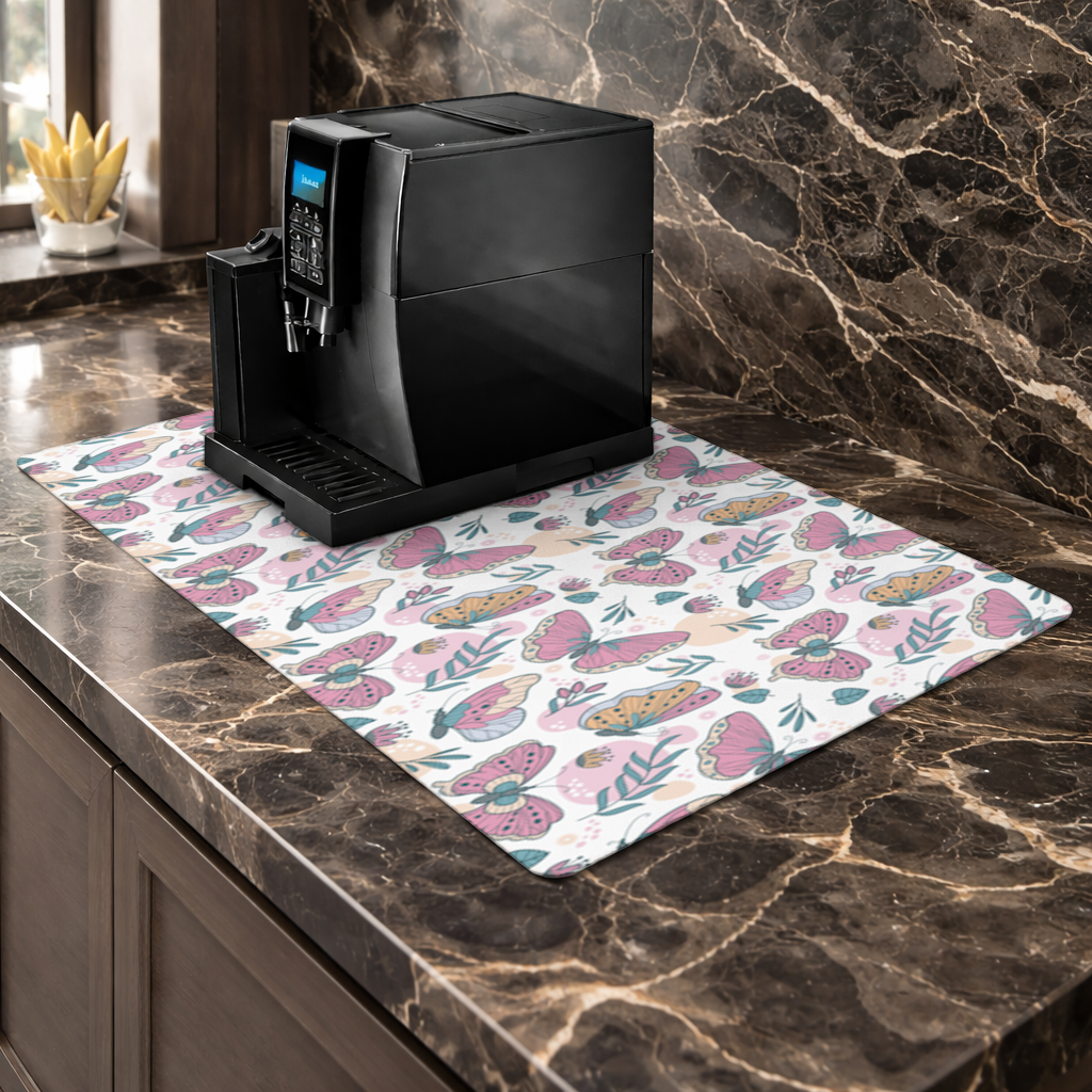 Pastel Butterflies and Botanical Leaves Seamless Pattern Coffee Machine Base Mat