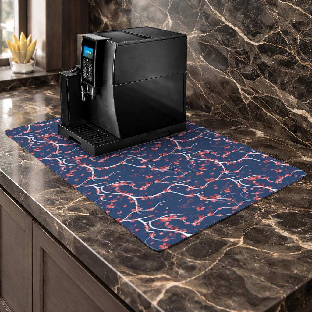 Red Floral Branch Pattern on Navy Background Coffee Machine Base Mat