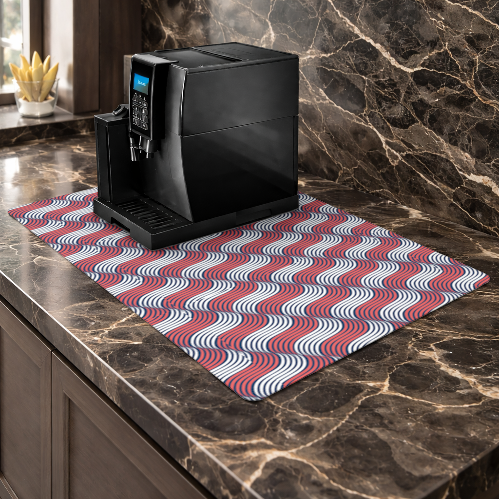 Kırmızı Lacivert Dalgalı Çizgi Deseni Kahve Makinası Alt Matı